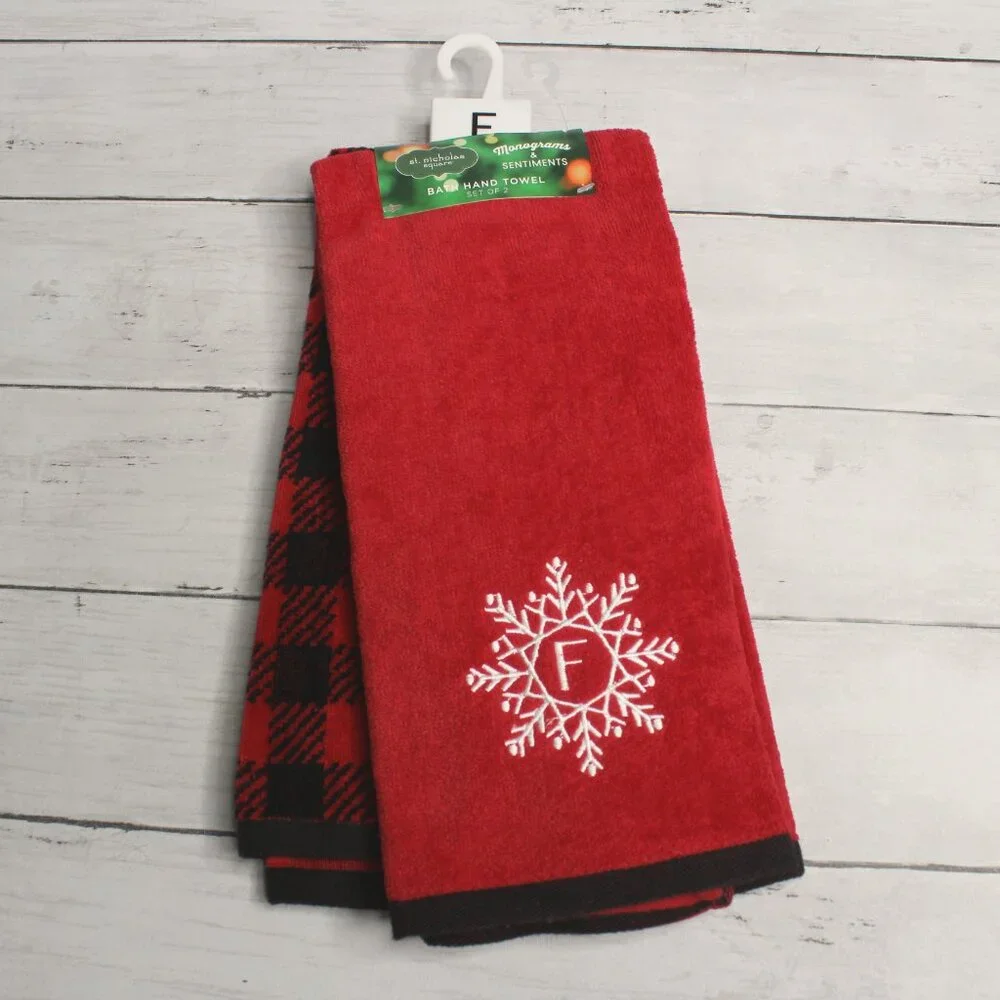 St. Nicholas Square Monogram Hand Towel Set Letter P Red Buffalo Plaid